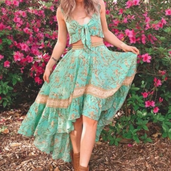 Boho Mint Green Floral Print Ruffle Crop Top Maxi Skirt Set - Picture 5 of 12
